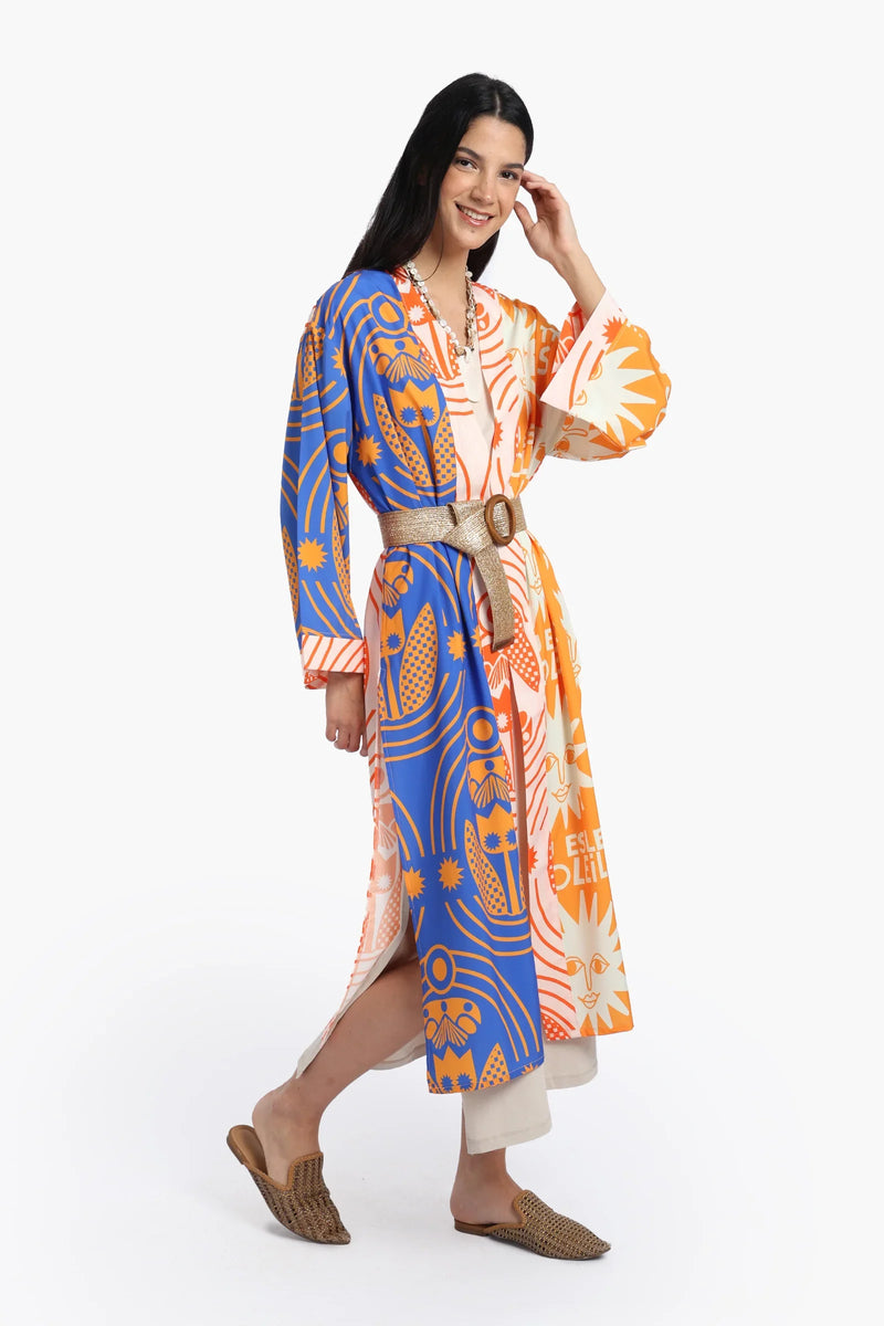 Polyester Sun-Printed Midi Kimono – Multicolor