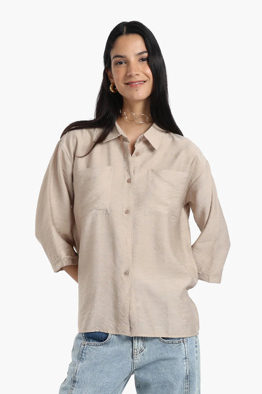 Polyester Solid Chest Pocket Shirt - Beige