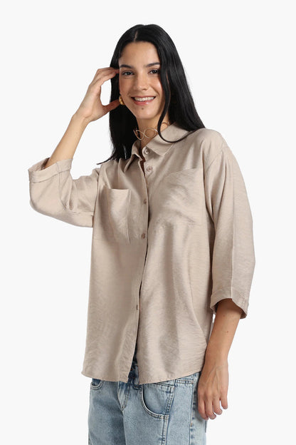 Polyester Solid Chest Pocket Shirt - Beige