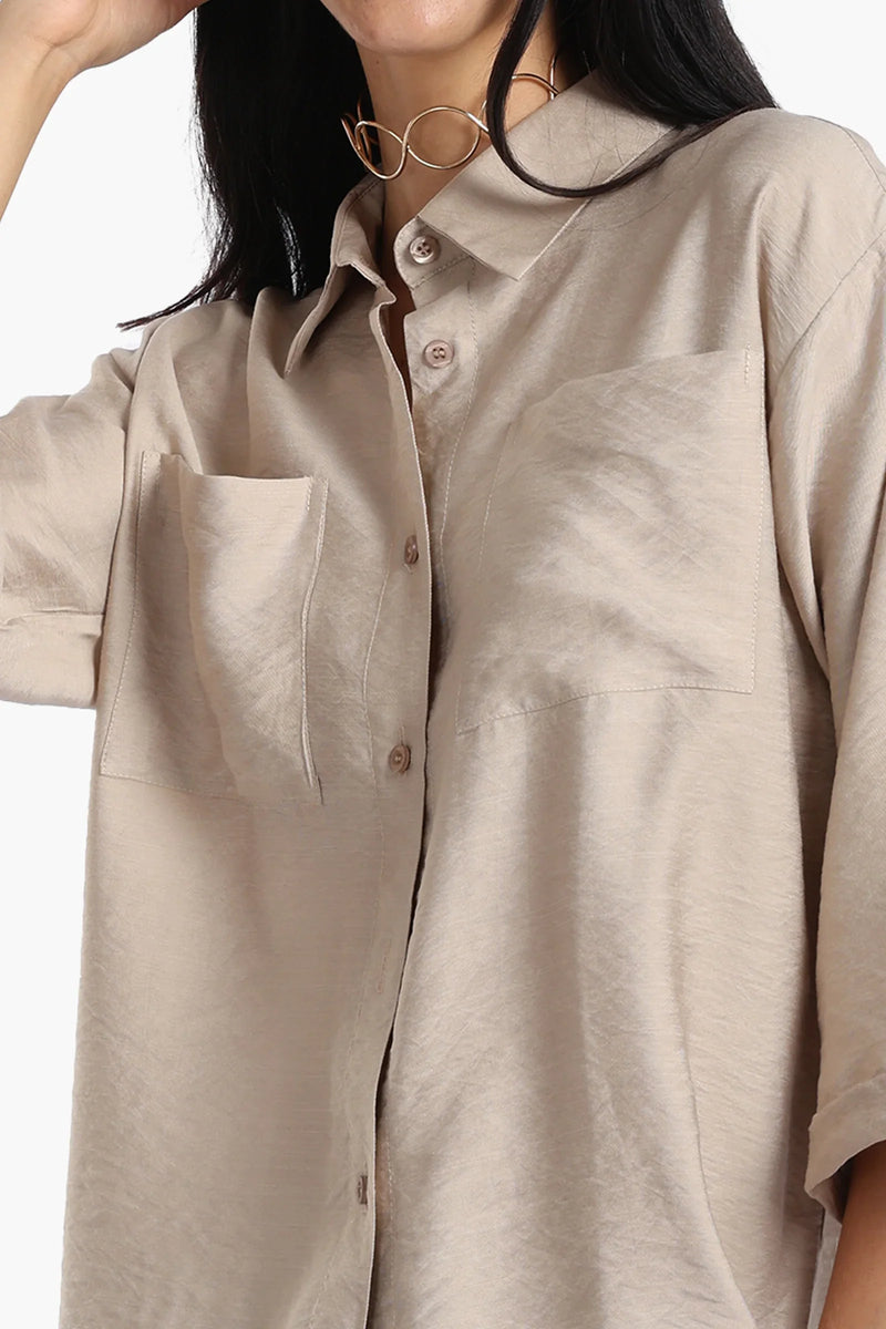 Polyester Solid Chest Pocket Shirt - Beige