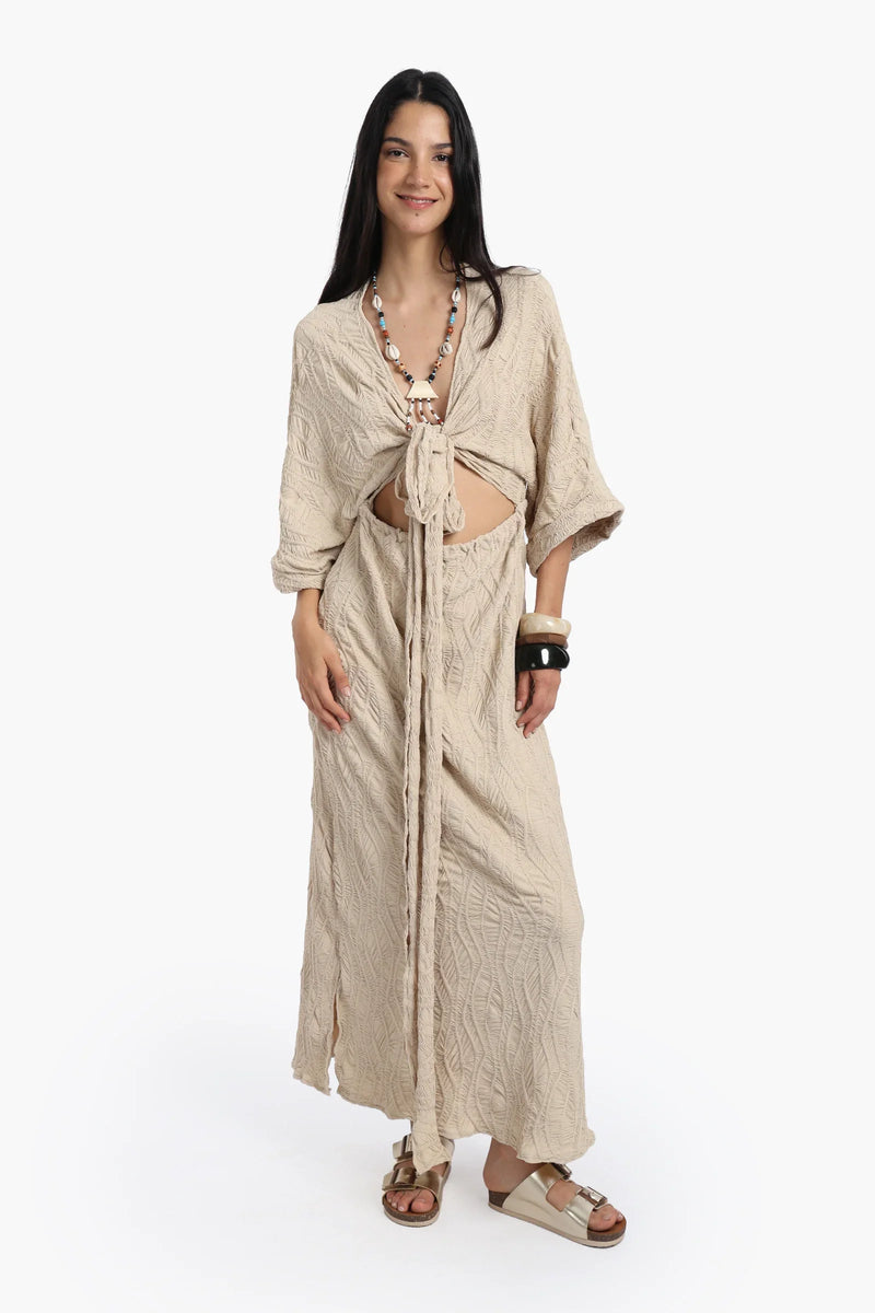 Polyester Self Pattern Beach Dress - Beige