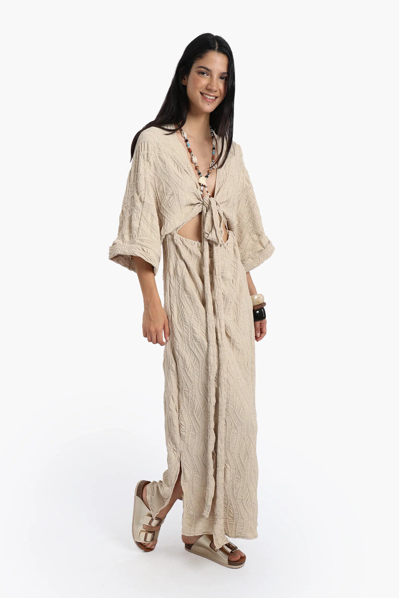 Polyester Self Pattern Beach Dress - Beige