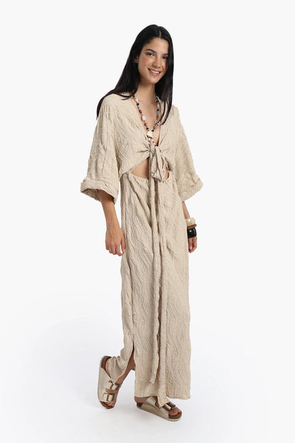 Polyester Self Pattern Beach Dress - Beige