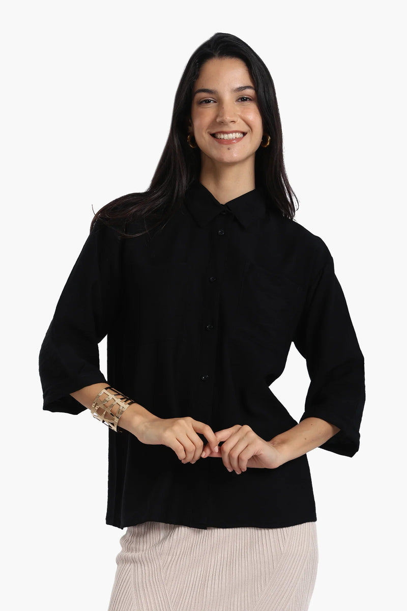 Polyester Solid Shirt with Chest Pockets - Black