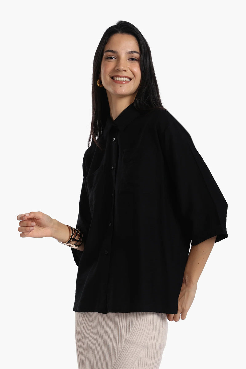 Polyester Solid Shirt with Chest Pockets - Black