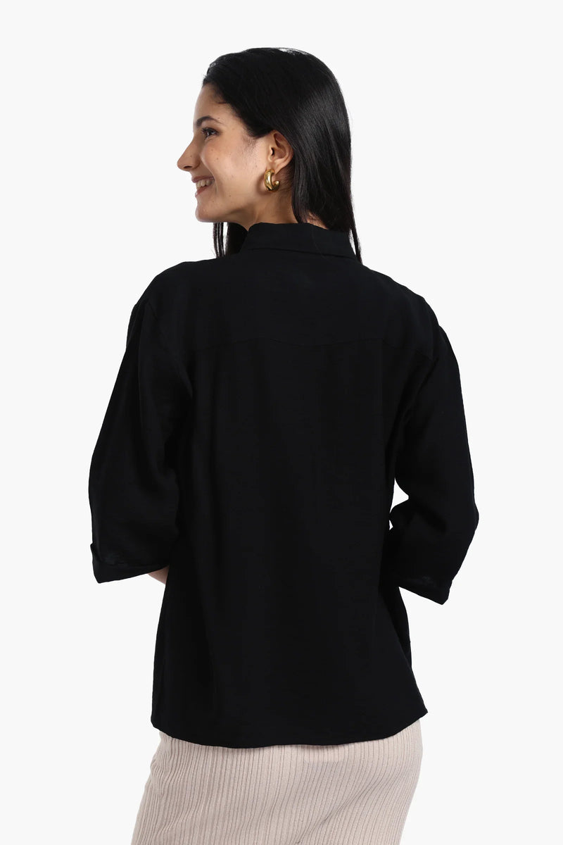 Polyester Solid Shirt with Chest Pockets - Black