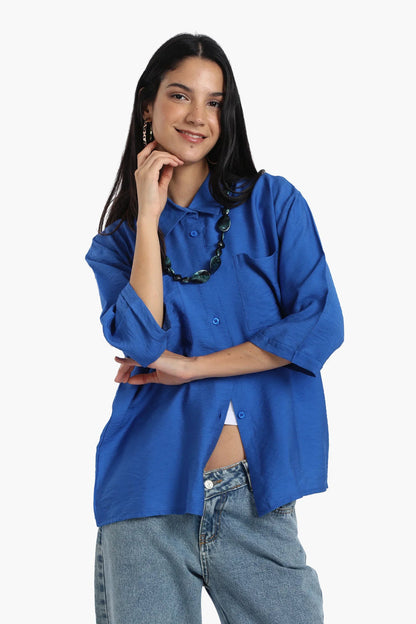 Polyester Solid Chest Pocket Shirt - Blue