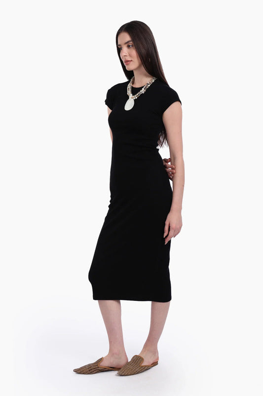 Cotton Ribbed Slim Fit Dress – Black