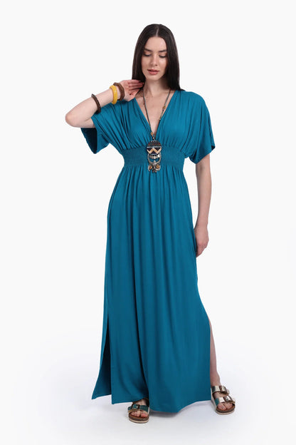 Viscose Blend Solid Nightgown with Side Slits – Teal Blue