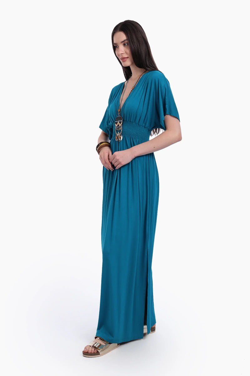Viscose Blend Solid Nightgown with Side Slits – Teal Blue