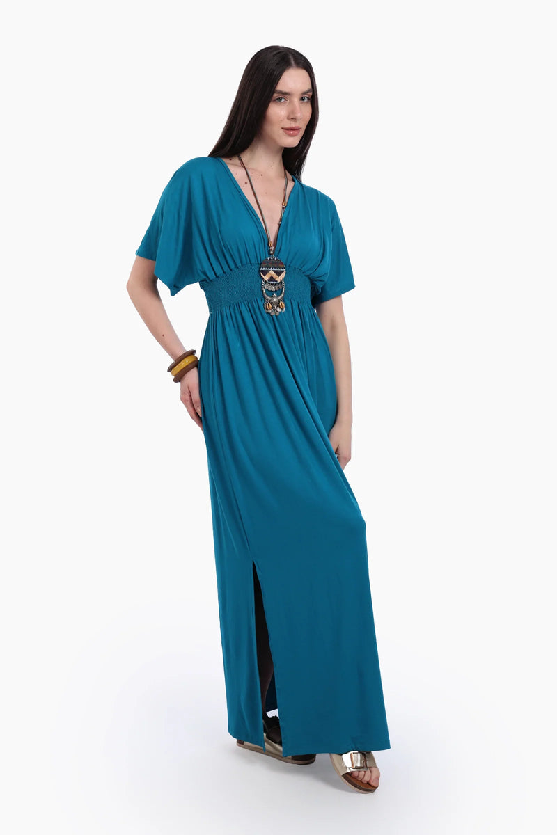 Viscose Blend Solid Nightgown with Side Slits – Teal Blue