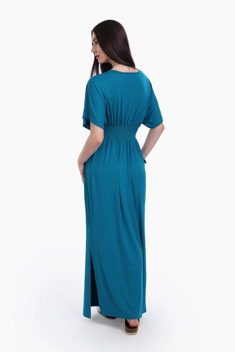 Viscose Blend Solid Nightgown with Side Slits – Teal Blue