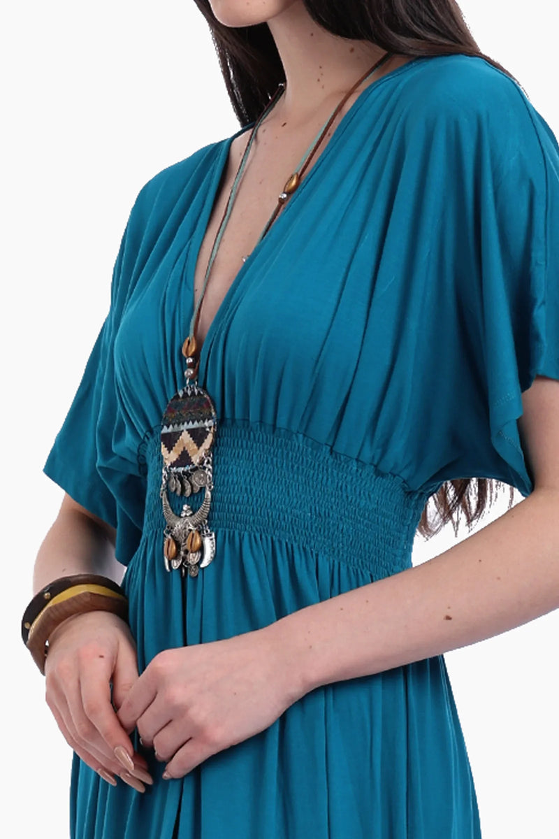 Viscose Blend Solid Nightgown with Side Slits – Teal Blue