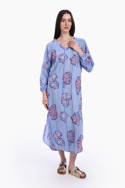 Voile Printed Midi Dress – Blue