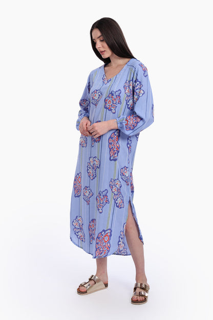 Voile Printed Midi Dress – Blue