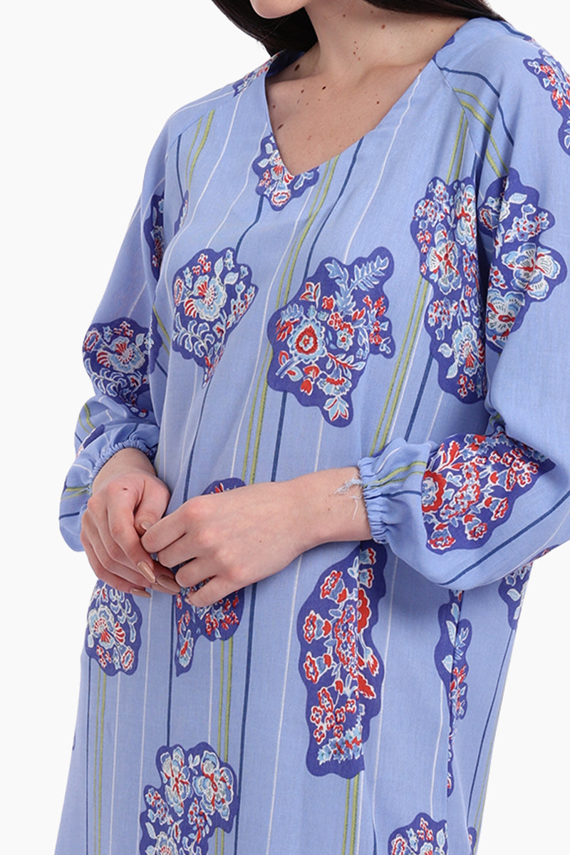 Voile Printed Midi Dress – Blue