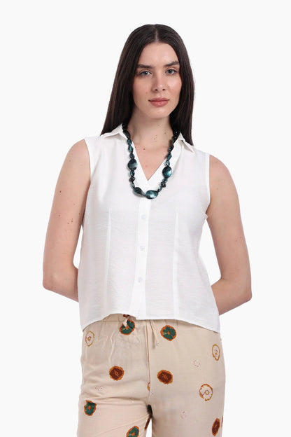 Voile Solid Collared Sleeveless Shirt – Off White