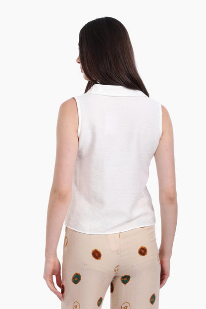 Voile Solid Collared Sleeveless Shirt – Off White