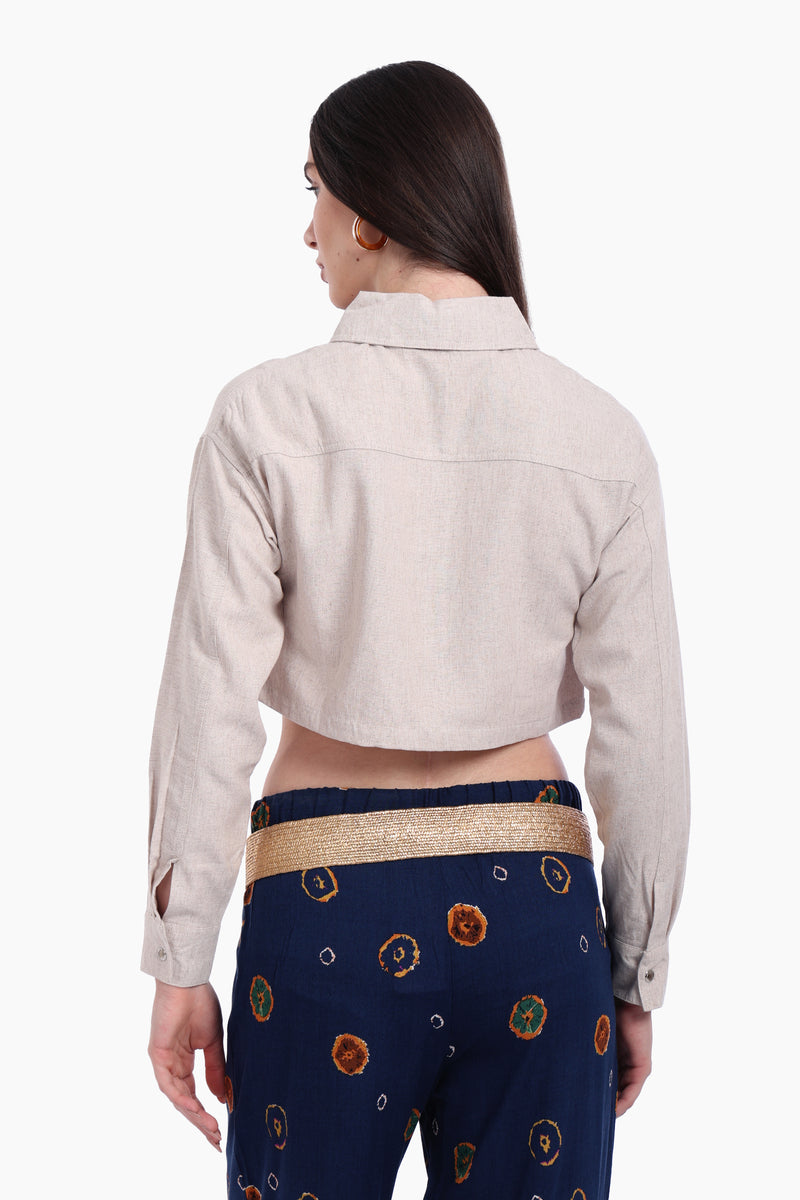 Linen Solid Cropped Shirt – Beige