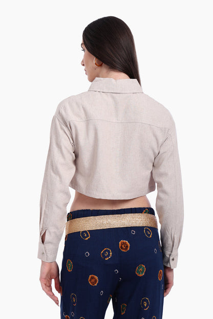 Linen Solid Cropped Shirt – Beige