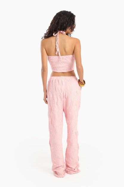 Polyester Ribbed Halter Neck Beach Set - Pink