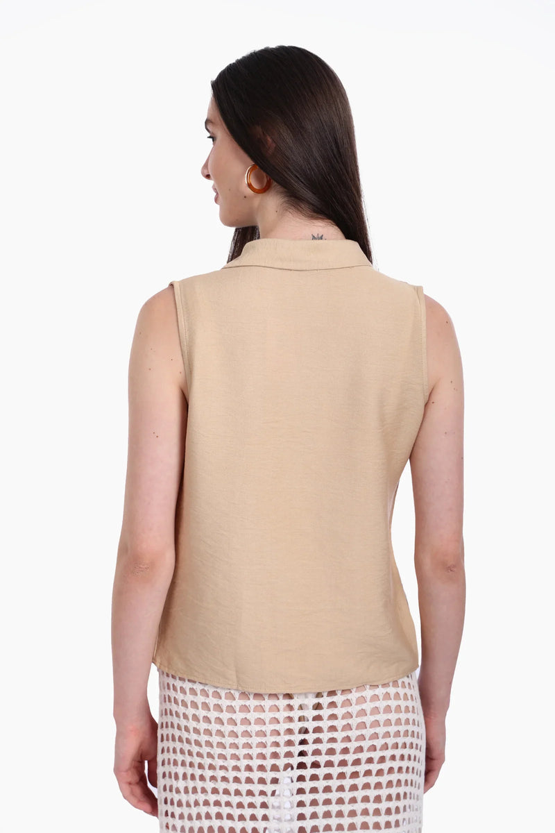 Voile Solid Collared Sleeveless Shirt – Beige