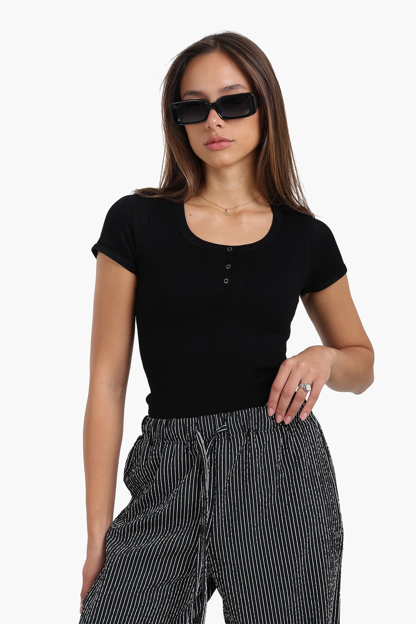 Synthetic Seamless Snap Front Top - Black