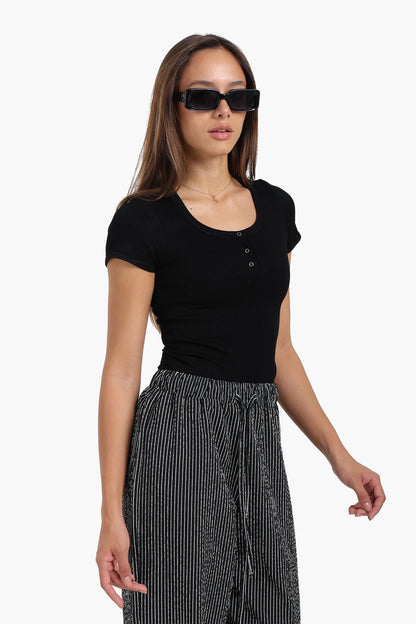 Synthetic Seamless Snap Front Top - Black