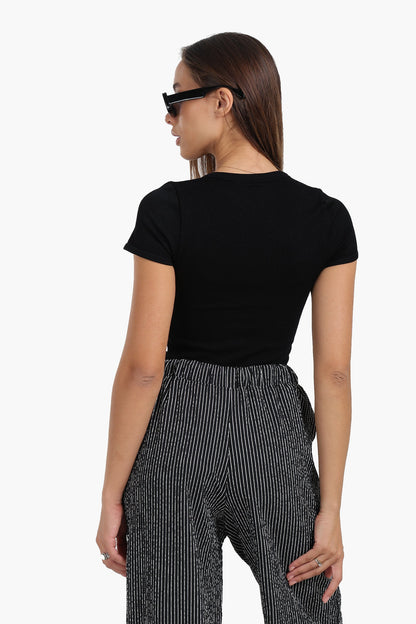 Synthetic Seamless Snap Front Top - Black