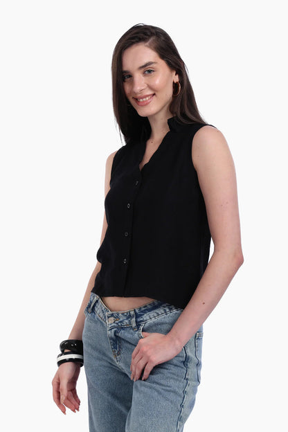 Voile Solid Collared Sleeveless Shirt – Black