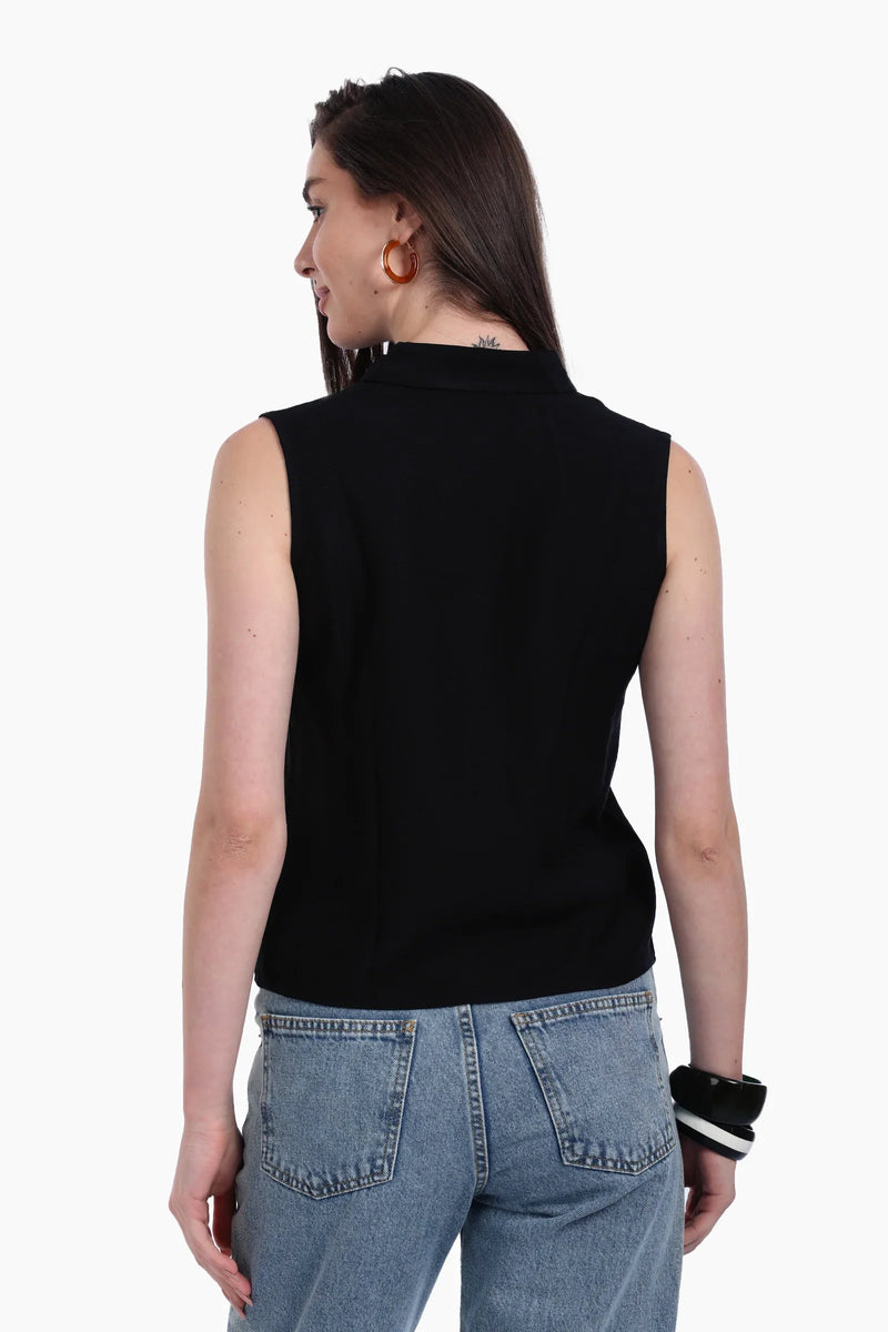 Voile Solid Collared Sleeveless Shirt – Black