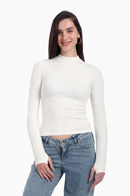 Microfiber Ribbed High Neck Top with Thumbhole – Off White