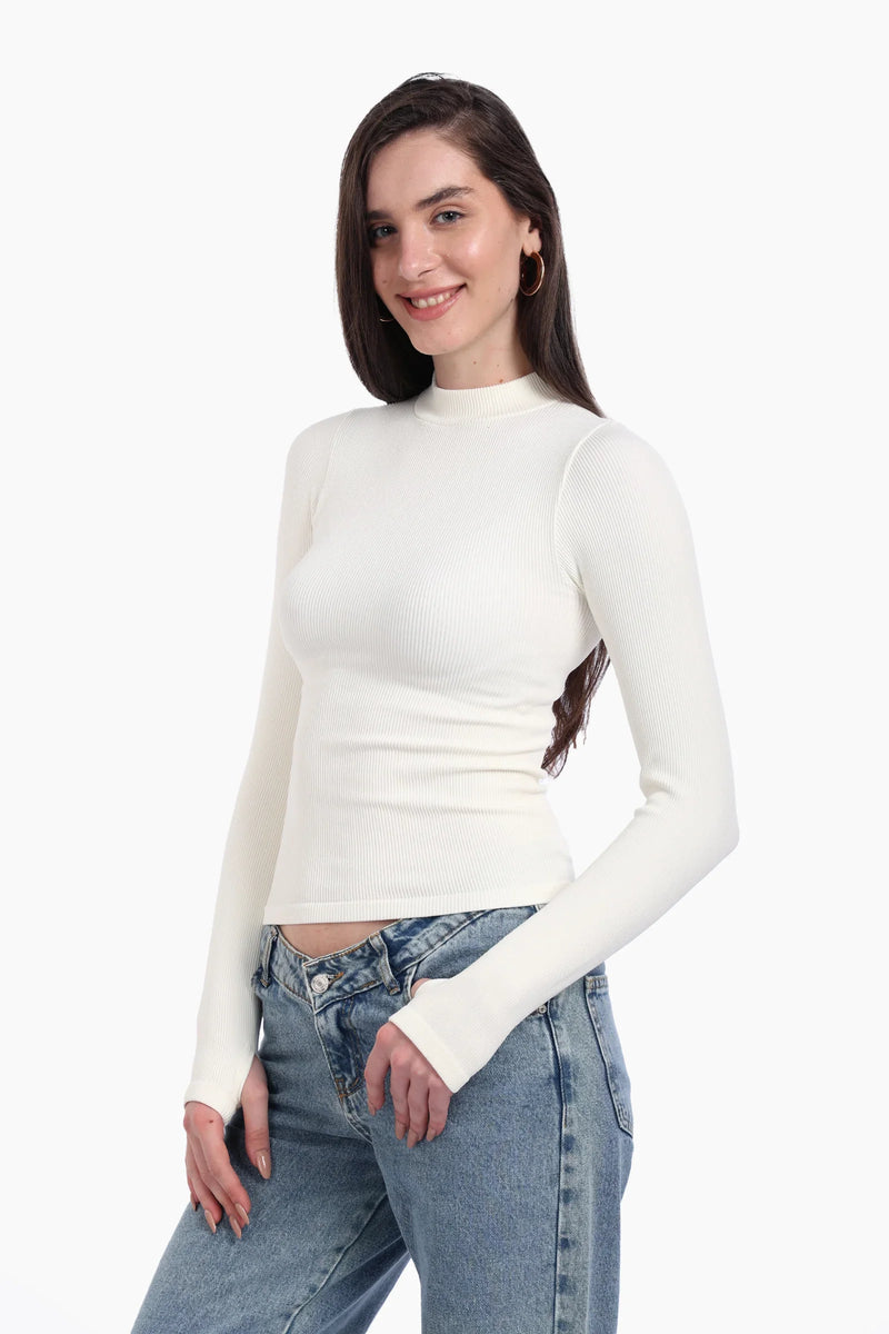 Microfiber Ribbed High Neck Top with Thumbhole – Off White
