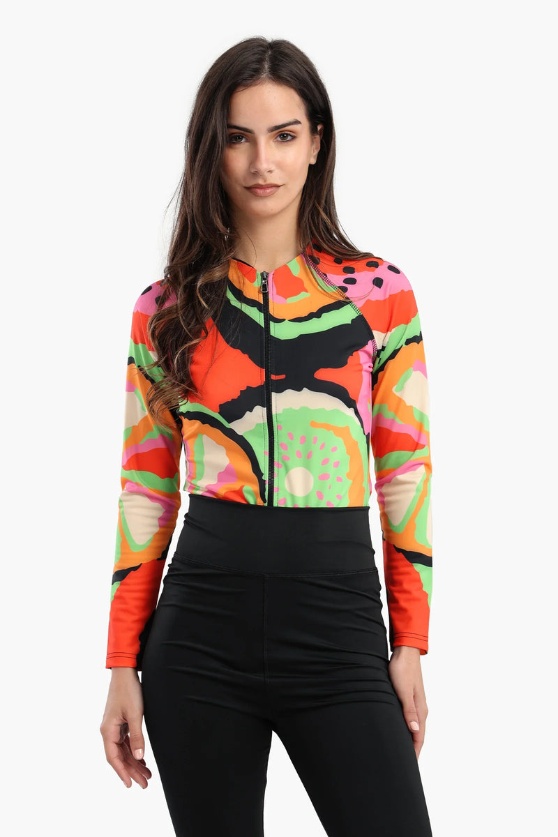 Polyester Fruity Print Rash Guard Swimsuit – Multicolor