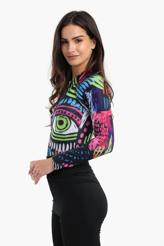 Polyester Abstract Print Rash Guard Swimsuit – Multicolor