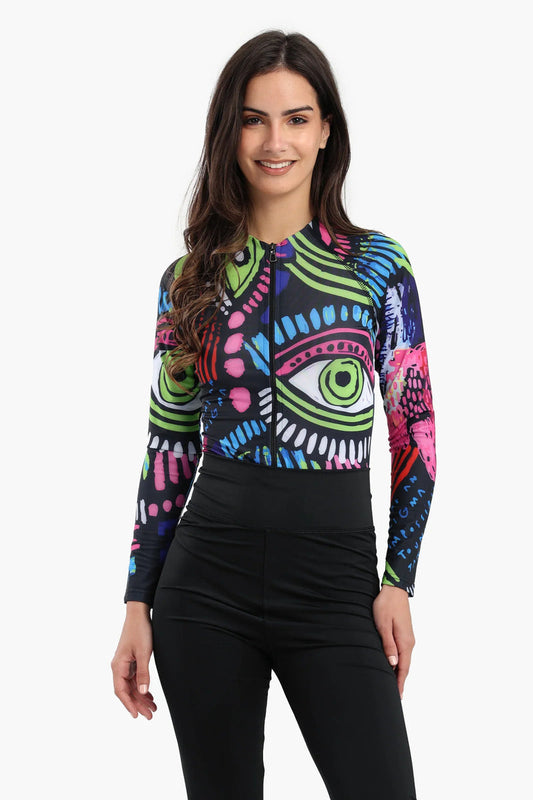 Polyester Abstract Print Rash Guard Swimsuit – Multicolor