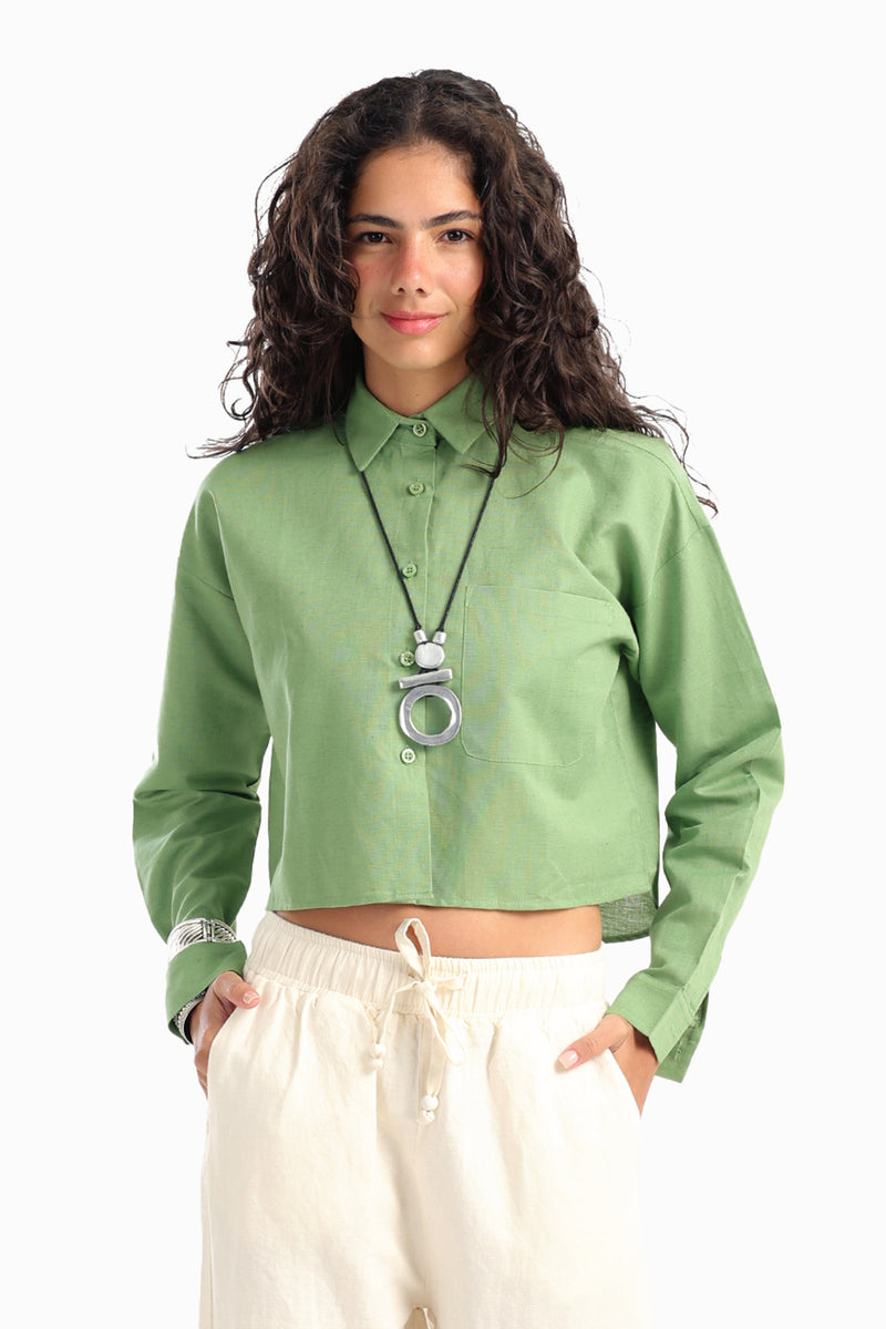 Tencel Solid Long Sleeve Cropped Shirt – Light Mint