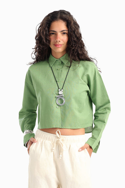 Tencel Solid Long Sleeve Cropped Shirt – Light Mint