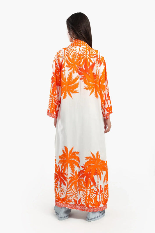 Cotton Palm Trees Printed Kimono – Orange & White