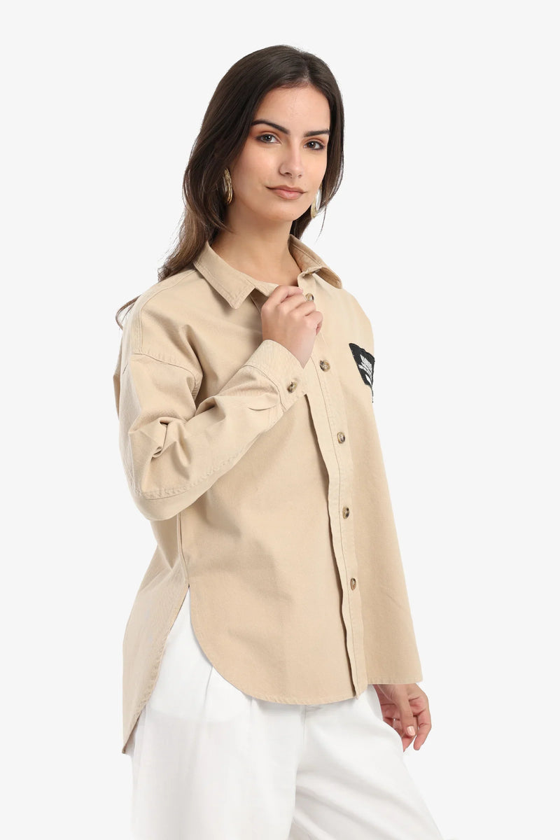 Polyester Blend Printed Long Sleeve Shirt – Beige