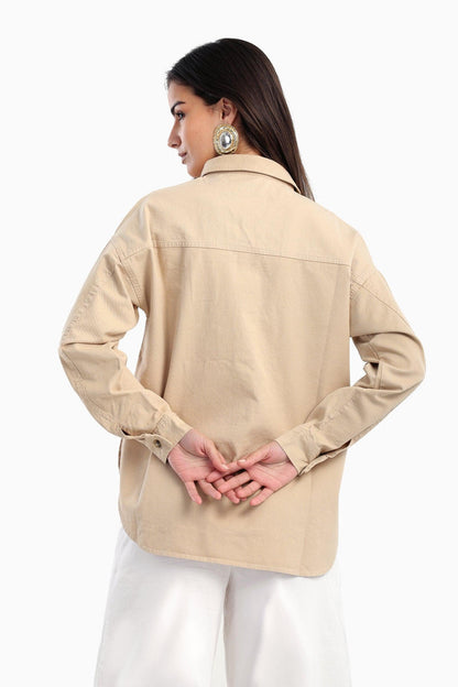 Polyester Blend Printed Long Sleeve Shirt – Beige