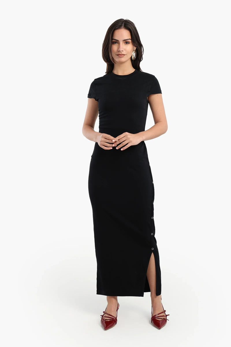 Cotton Blend Solid Maxi Dress – Black