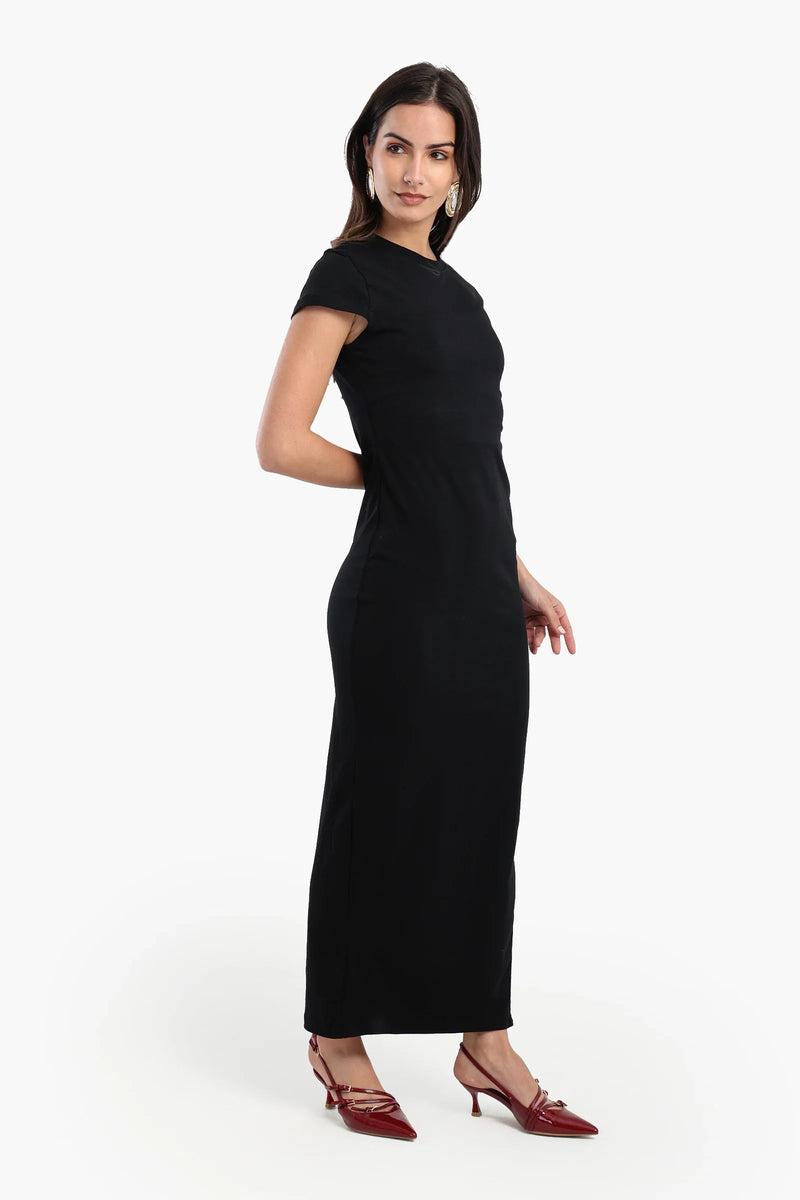 Cotton Blend Solid Maxi Dress – Black