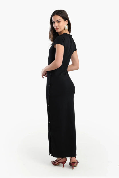 Cotton Blend Solid Maxi Dress – Black