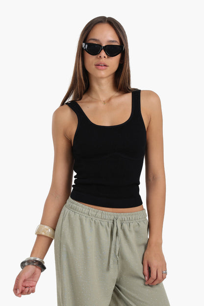 Microfiber Ribbed Crop Top - Black