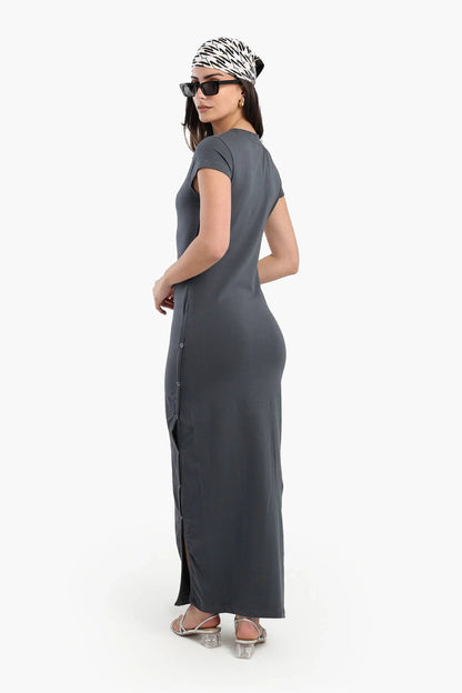 Cotton Blend Solid Maxi Dress – Grey