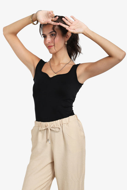 Polyamide Solid Sweetheart Neck Tank Top – Black