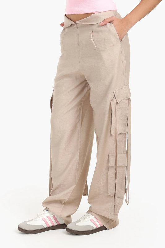 Linen Solid Cargo Pants – Beige