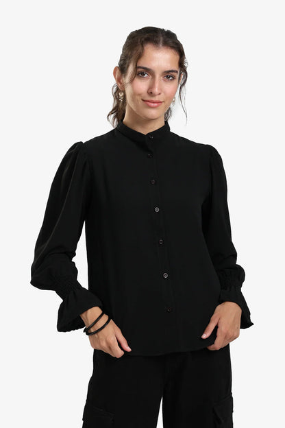 Polyester Solid Long Sleeve Shirt – Black