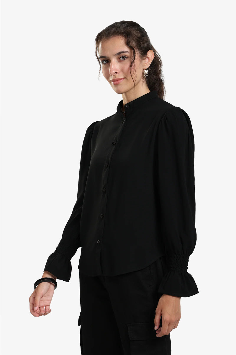 Polyester Solid Long Sleeve Shirt – Black